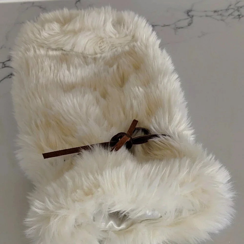 RESTORATION HARDWARE Creme Faux Fur Wine Bag Leather Ties
